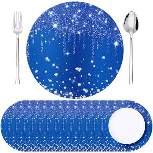 Dispowreath 120 Pieces Blue Paper Placemats 13 Inch Glitter Diamonds Round Disposable Table Mats Decorative Paper Mats for Dining Wedding Birthday Blue Glitter Banquet Party