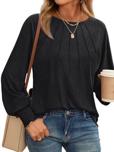 Women's Tops Dressy Casual Long Sleeve Pleated Shirts Crewneck Loose Basic T-Shirt Blouses 2024 Trendy Fall Clothes, S Soild Black Women's Tops Dressy Casual Long Sleeve Pleated Shirts Crewneck Loose Basic T-Shirt Blouses 2024 Trendy Fall Clothes, S Soild Black
