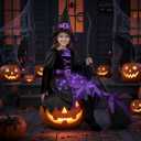 Witch Costume for Girls, Light-Up Purple Dress with Hat & Broom Accessories for Halloween Parties & Role Play (Medium(8-10yr))