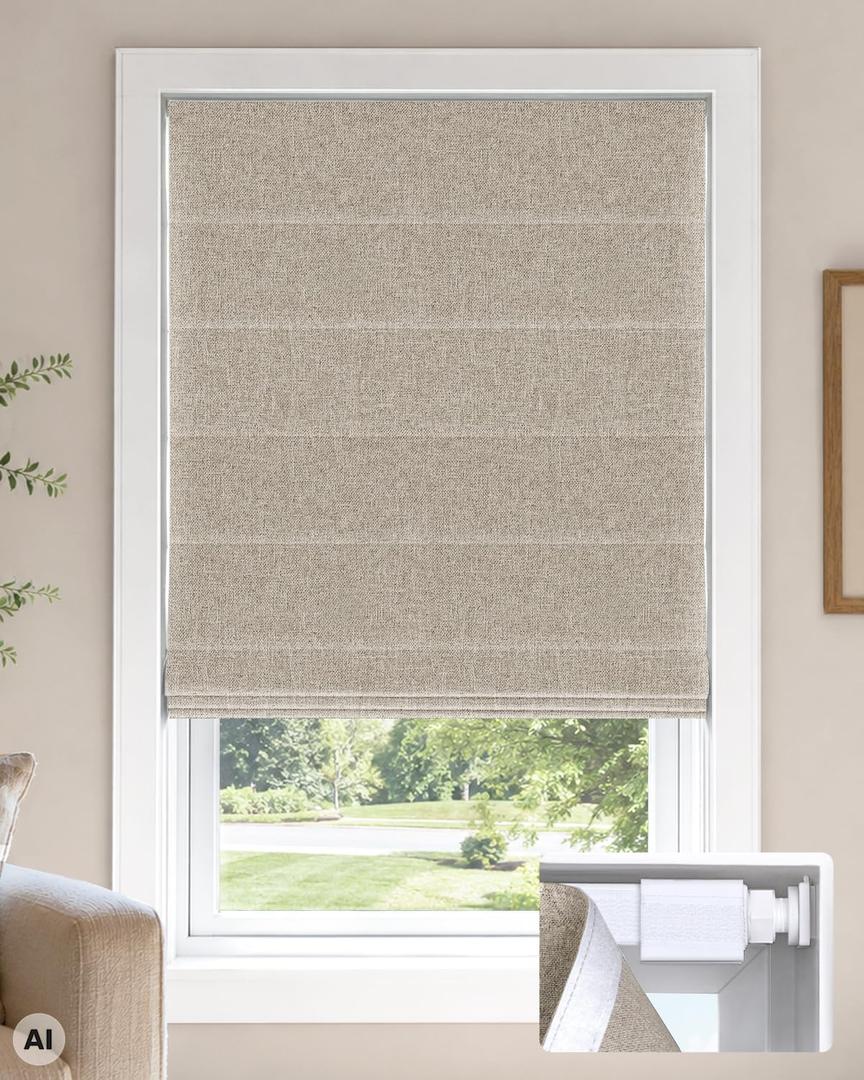 LazBlinds No Drill Cordless Roman Shades, 35" W × 64" H, Beige