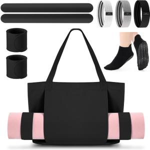 Yoga Bag Set for Women Including Yoga Mat Tote Bag Booty Resistance Band Non Slip Sports Socks Silicone Ties for Pilates Travel Workout Office (Without Mat) (Black)