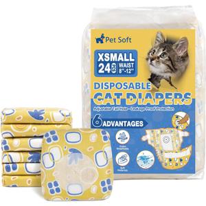 Pet Soft Disposable Cat Diapers - Diaper for Female & Male Cats, Puppy Doggie Diapers for Female Dogs with Adjustable Foam Tail Hole, X-Small (24Pcs, Yellow)