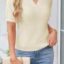 Cakulo Womens Fuzzy Cropped Short Sleeve V Neck Fall Sweaters 2025 Polo Collared Knit Pullover Sweater (Beige, XL)