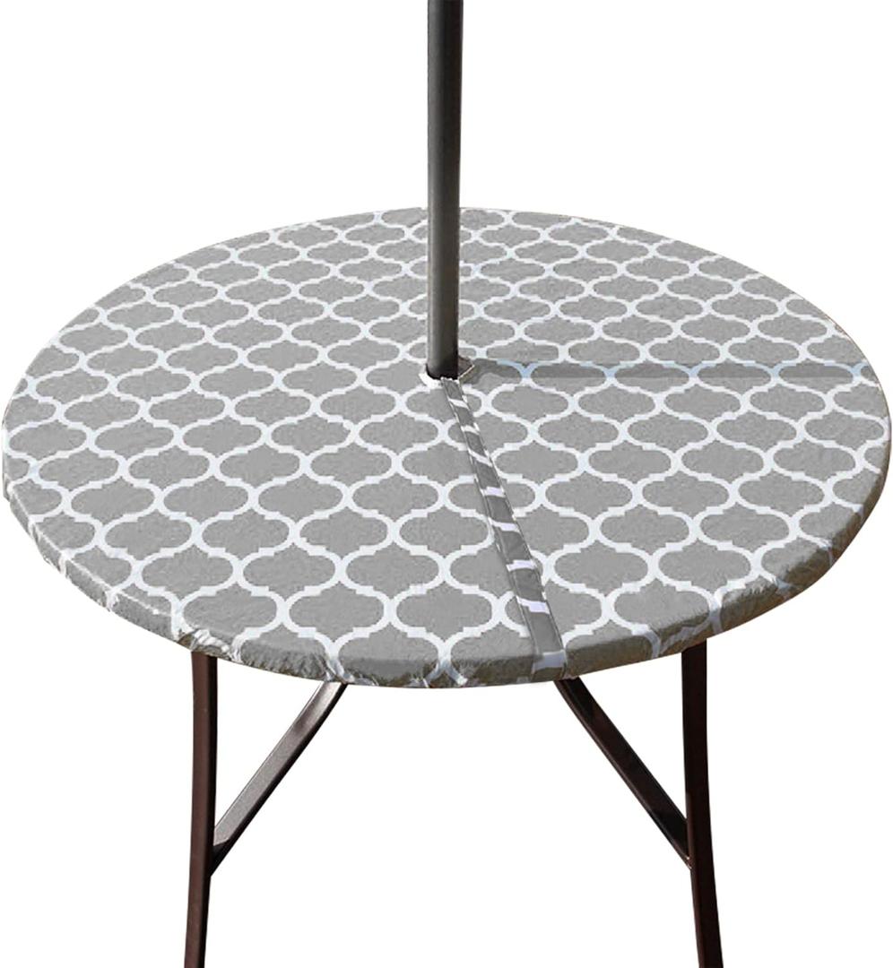 Hipinger Vinyl Round Fitted Tablecloth with Zipper and Umbrella Hole, Outdoor Oil Waterproof Stain Resisteant PVC Table Cover for Party, Picnic and Patio 40-44 Inch, Grey Moroccan