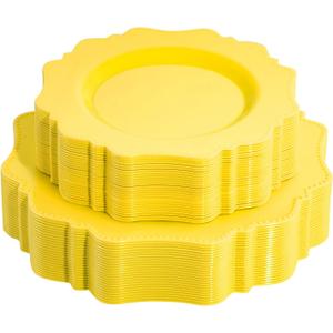 COLOSUS Disposable Lemon Yellow Plastic Plates 60Pcs, Light Baby Yellow Party Plates, Heavy Duty 30 Dinner plate 10.5 and 30 Salad/Dessert Plate 8.25 for Easter day Party Dinner