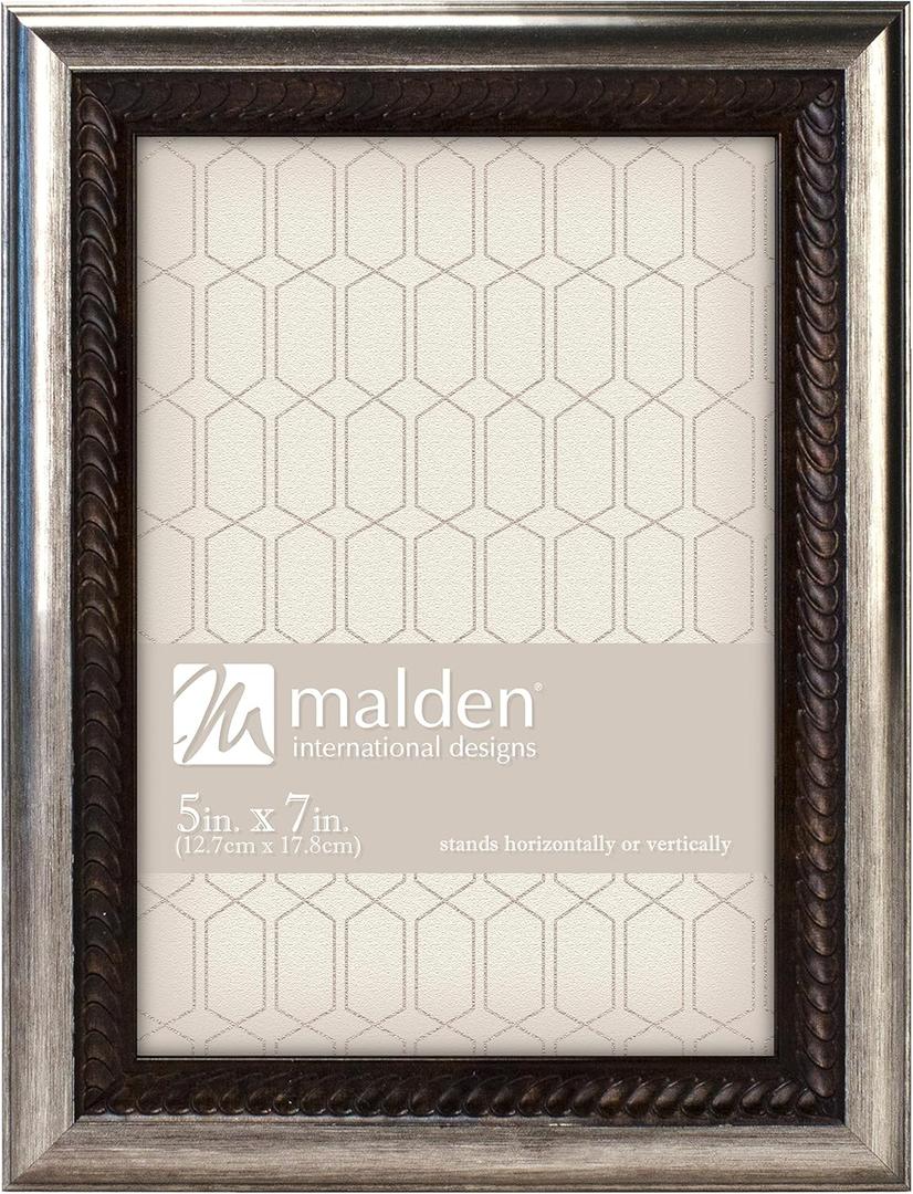 Malden International Designs Classic Mouldings Brentwood Bronze Wave Inner with Outer Picture Frame, 5x7, Silver