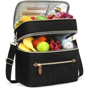 Capolo Lunch Box for Women Men Adults,Double Deck Insulated Lunch Bag Leakproof Lunch Cooler Box with Removable Strap Lunch Tote Bags Reusable Thermal Lunchbox for School Work Picnic(Large,Black)