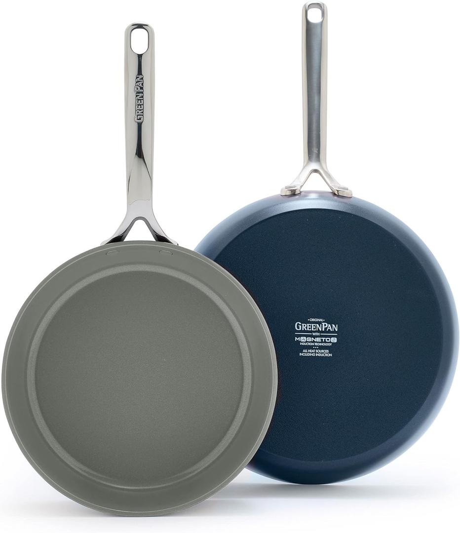 GreenPan GP5 Hard Anodized Healthy Ceramic Nonstick 9.5 & 11 2 Piece Frying Pan Skillet Set,Heavy Gauge Scratch Resistant,Stay-Flat Surface, Induction, Mirror Finish Handle,Oven Safe,PFAS-Free, Blue