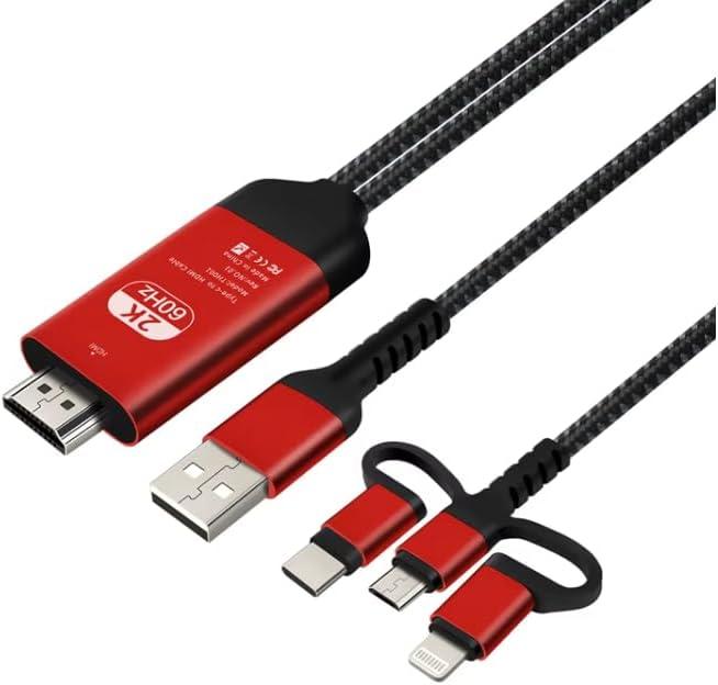 3-in-1 Phone to TV HDMI Adapter 2K@60Hz/1080P | Lightning+Type-C to HDMI for iPhone/Android/Samsung | Plug & Play, Video Audio Mirroring, HDMI Cable Compatible iPhone 15/14/S24/S23 & Tablets (Red)