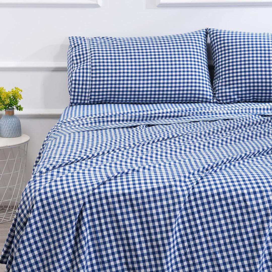 Best Season Cotton Twin Checkered Sheet Set 3 Piece Cotton Sheets Gingham Bed Sheets, Soft, Smooth, Durable, Easy Care, 16" Deep Pocket Checkered Blue Twin Sheets - 1 Flat, 1 Fitted, 2 Pillowcases