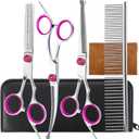 5 in 1 Premium Dog Grooming Scissors, Professional Dog Scissors for Grooming with Safety Round Tips, Lengnoyp Stainless Steel Thinning Shears, Pet Cat Shears for Grooming Kit, Pink (Black)
