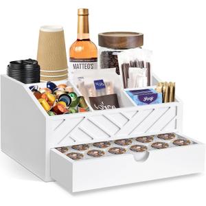 Coffee Bar Organizer with Drawer, Coffee Station Organizer for Countertop, Wood Coffee Bar Accessories Organizer for Coffee Bar Decor, Farmhouse Coffee Cup Pod Holder Condiment Organizer(White)