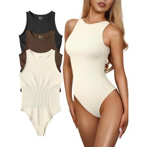OQQ Women's 3 Piece Bodysuits Sexy Ribbed One Piece Sleeveless Halter Neck Tops Leotard Summer Trendy (Large, Black Coffee Beige)