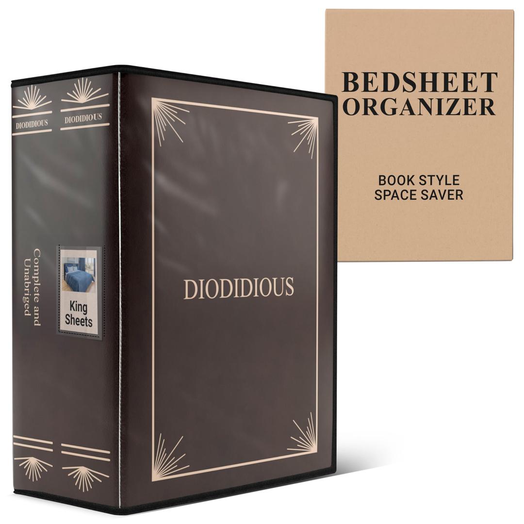 Bedsheet Organizer for Linen Closet, Foldable Faux Leather Book-Style Storage Box with Label Window, Decorative Bedding and Sheet Organizer for Queen & King Sets, Brown