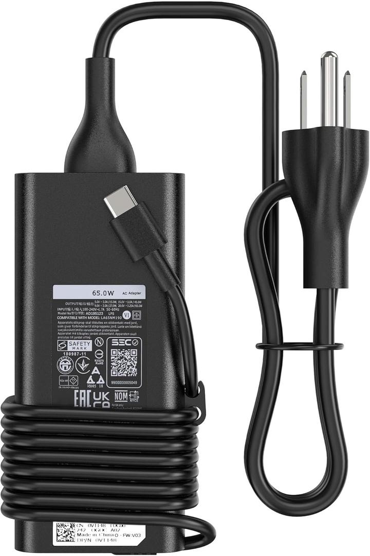 65W USB-C Laptop Charger Compatible with Dell Pro 13 14 16 Latitude 5420 5430 5520 7420 5400 7390 5320 5530 5431, XPS 13 9310 9305 9300 9380 9370 9360, Inspiron 14 15,20V 3.25A Adapter Power Cord