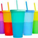 Color Changing Cups, 5 Pack 24oz Plastic Tumblers, Reusable Iced Coffee & Smoothie Cups with Lids and Straws for Parties and Travel