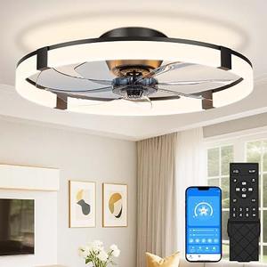 VOLISUN Low Profile Ceiling Fans with Lights and Remote, 23.6in Flush Mount Ceiling Fans with Light, 3000K-6500K Dimmable Fandelier LED Fan Light, Black Bladeless Ceiling Fans with Lights for Bedroom