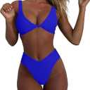 geluboao Bikini Set for Women Solid V Neck Knot Front Push Up High Leg Thong Two Piece Swimsuit, Medium
