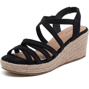 Luoika Wide Width Wedge Sandals for Women - Comfortable Platform Heel with Adjustable Ankle Strap, Open Toe Summer Casual Shoes (8 X-Wide, Black 508)