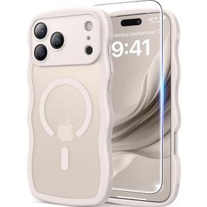 DOMAVER for iPhone 17 Pro Case for Women, 1X Screen Protector+1X Wrist Strap, [Compatible with MagSafe] [Full Camera Protection] Cute Wave Frame Matte Phone Case for iPhone 17 Pro 6.3", Stone White