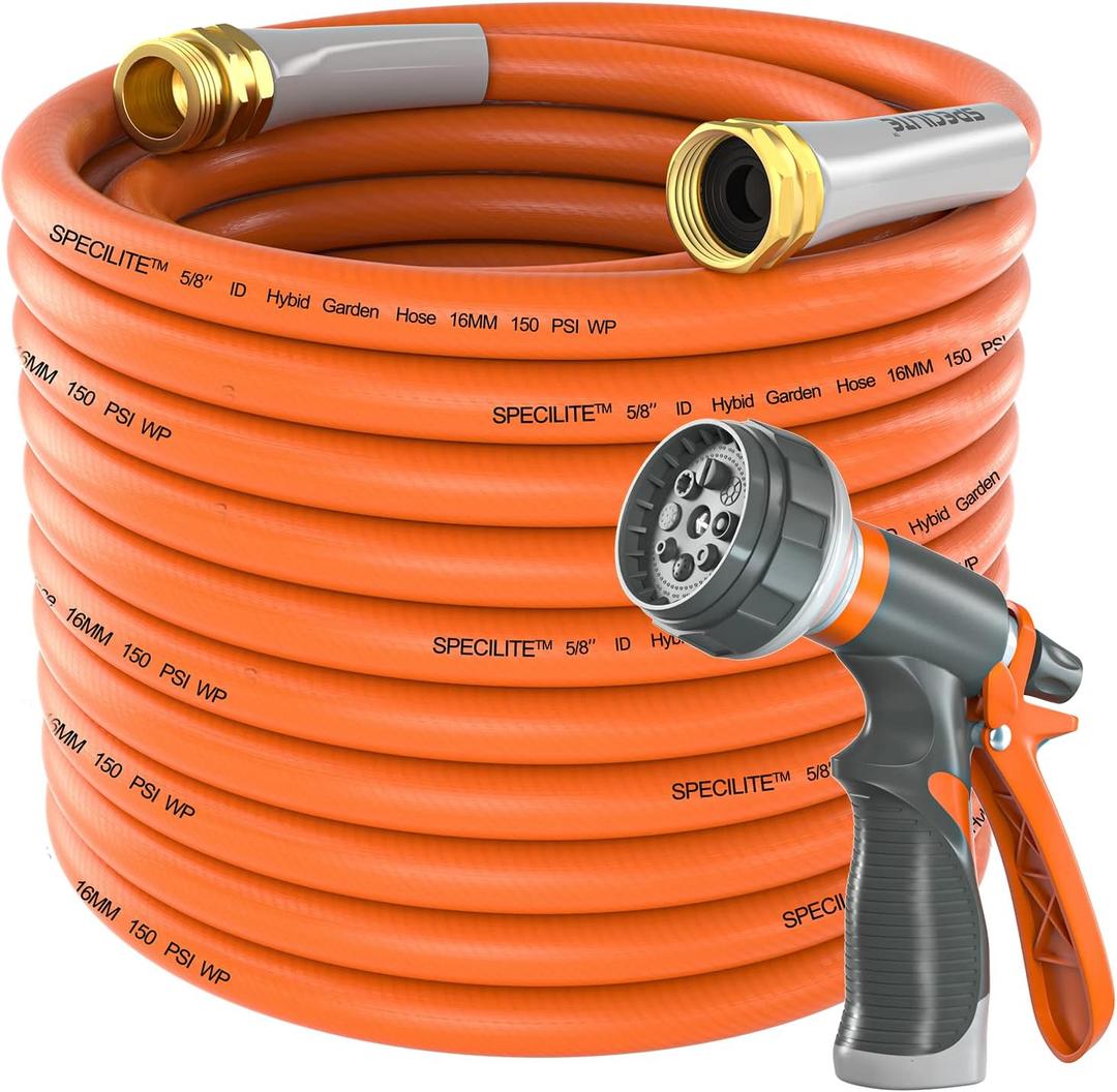 Garden Hose 50 ft x 5/8 in Heavy Duty, Flexible and Lightweight Water Hose, Burst 600 psi, Kink-less Hybrid Rubber Hose for Backyard, 3/4'' Brass Fittings (50FT)