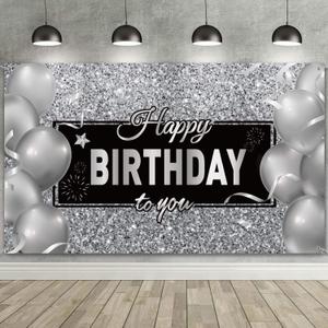 Sumind Black Silver Happy Birthday Banner Backdrop Party Decoration for Men Women Birthday Party Decorations Supplies Photo Props Background, 72. 8 x 43. 3 Inches