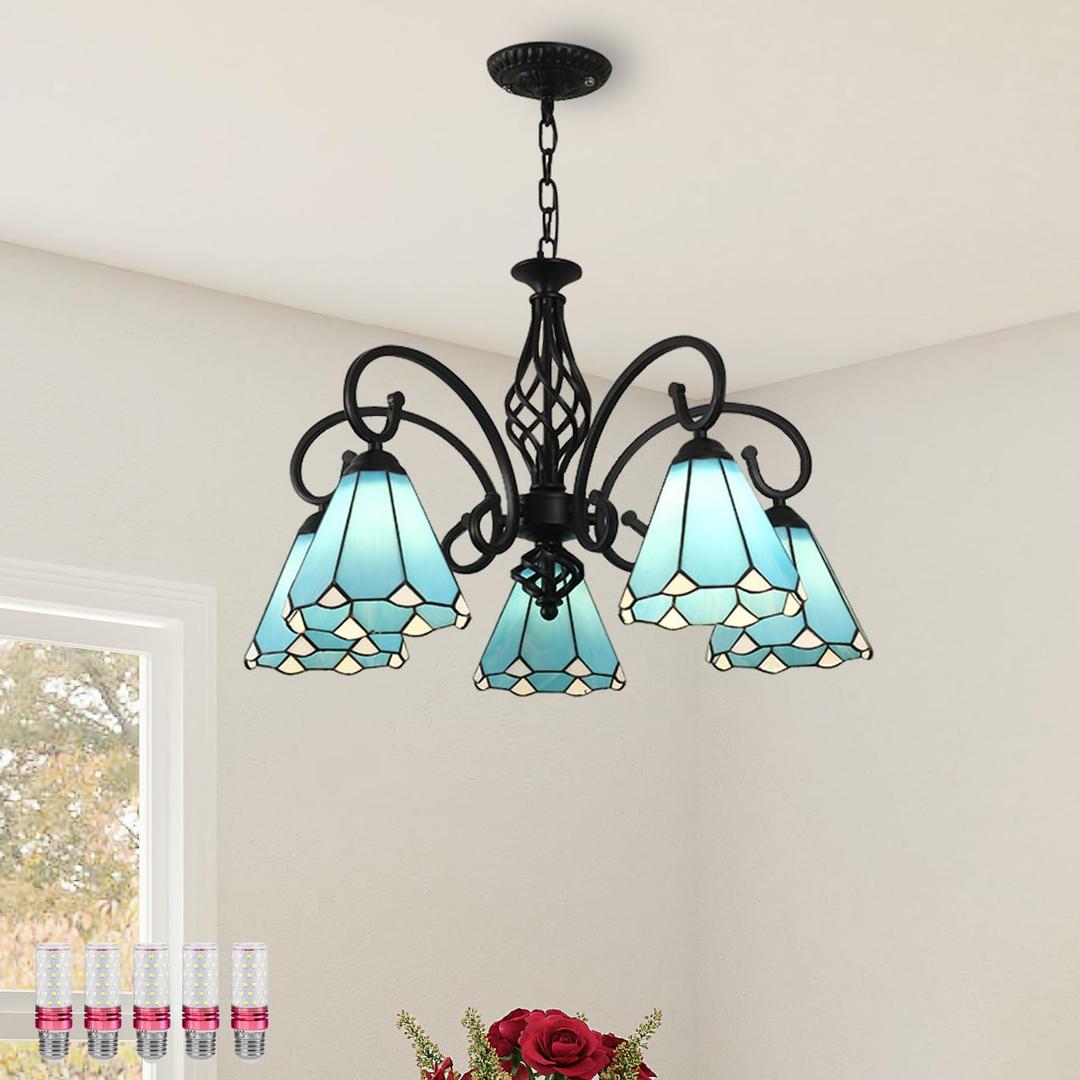 Aeyee Tiffany Lamp Blue Stained Glass Hanging Light Fixture, 3-Light