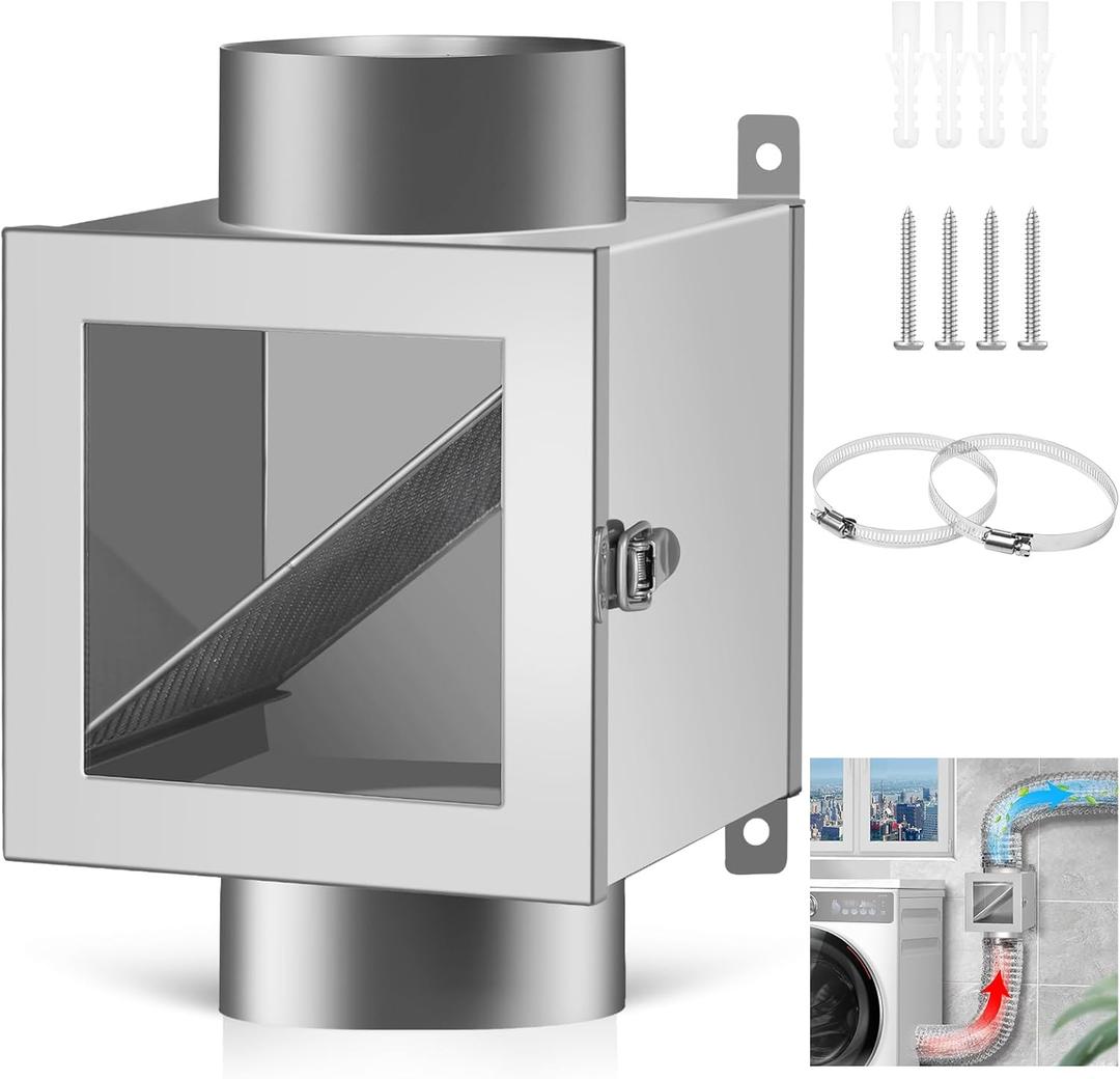 Metal Dryer Lint Trap, 4-inch Dryer Lint Catcher for Electric Clothes Dryer, Includes 2 Stainless Steel Clamps,Easy Maintenance (Metal)