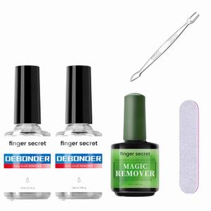 3 x Glue Nail Remover Kit-10ml-0.33FL.OZ Nail Glue Remover (2pcs) with Gel Nail Polish Remover, Steels Nail Pusher and Nail File-Easy Removal Debonder for Glue on Nail