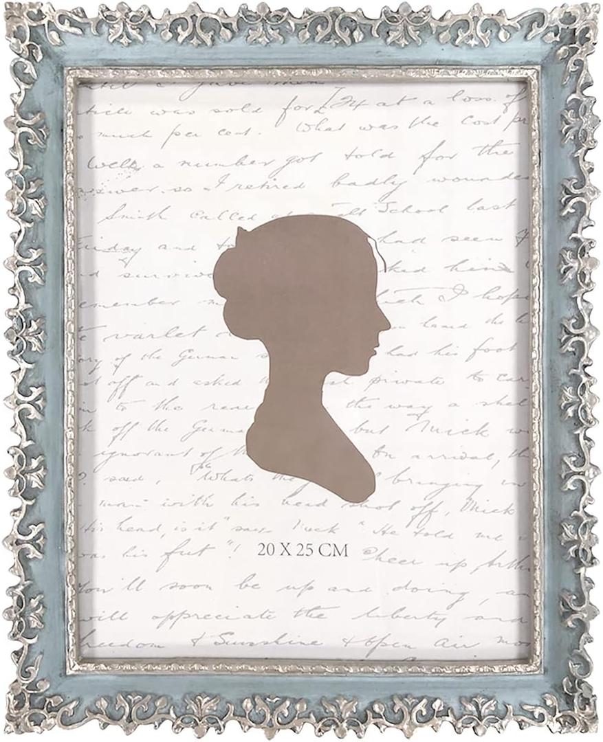 AELS 8x10 Inch Vintage Picture Frame, Elegant Antique Photo Frames with Glass Front, Photo Display, Tabletop Wall Hanging, Gift Ideas, Vine Pattern, Silver & Light Blue