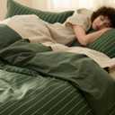 Bedsure Striped Duvet Cover Queen Size, 100% Washed Cotton PureWoven Duvet Cover Linen Like Textured, Classic Striped Pattern Enhances Bedroom Comfort and Style, Stripes Olive Green, 90"x90"