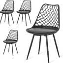 Set of 4 Modern Dining Chairs - Plastic Kitchen Shell Chairs with PU Leather Cushion Padded Seat - Mesh Design Side Chair for Indoor/Outdoor Dining Room Living Room Cafe Restaurant and Office -Black