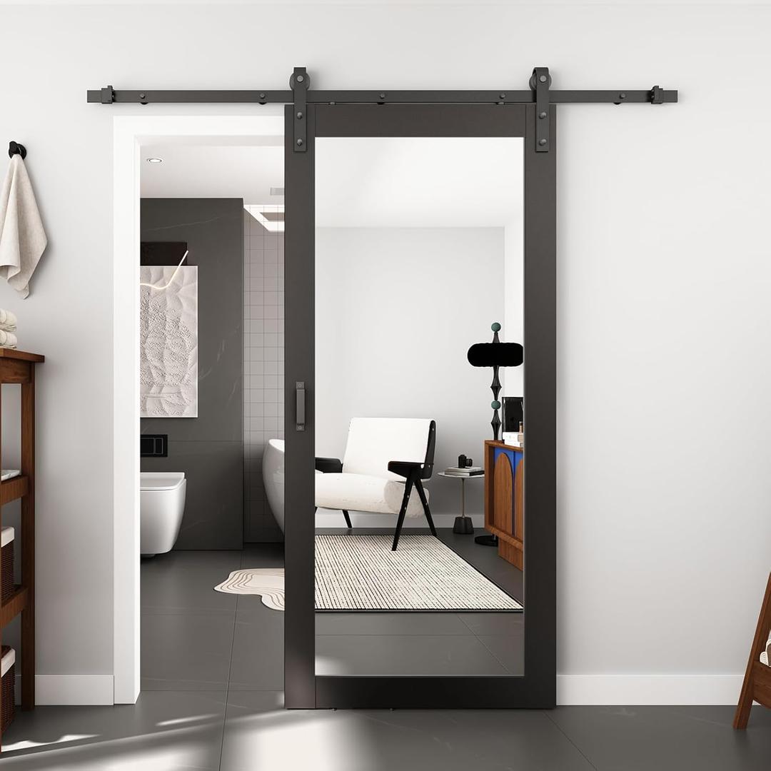 BARNSMITH 32in x 80in Mirror Barn Door with 5.5FT Sliding Door Hardware Kit Included, 1 Lites Full Length, Solid Wood Water-Proof PVC Surface, No Assembly Required, Black