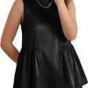 Tankaneo Womens Silk Satin Tank Tops Summer Dressy Casual Babydoll Sleeveless Shirts Peplum Pleated Loose Fit Blouses (Black, L)