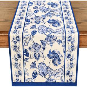 WRAPAHOLIC Blue Floral Table Runner - 13 x 72 Inch - Seasonal Spring Summer Farmhouse Indoor Kitchen Anniversary Wedding Dining Table Decorations for Home Party
