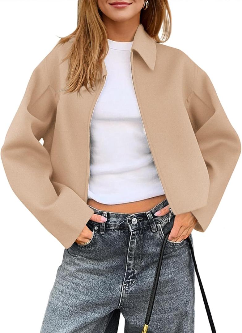 Yousify Womens Cropped Pea Coats Zip Up Short Casual Bomber Wool Blend Jackets Barn Fall Outerwear with Pockets, Small