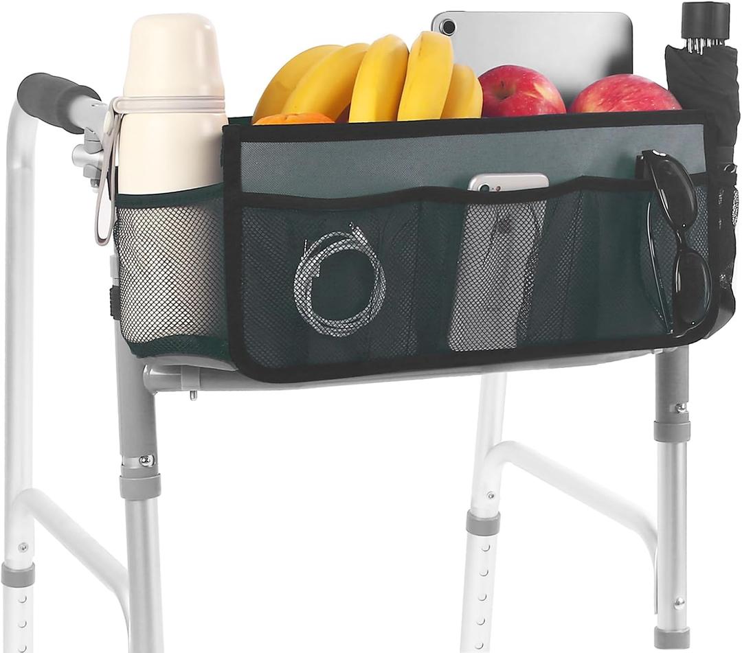 CTWWFS Upgrade Walker Basket with Cup Holder, Foldable Walker Storage Bag for seniors with Big Capacity & Never Tipping Over, Best Gift for Family (Gray)