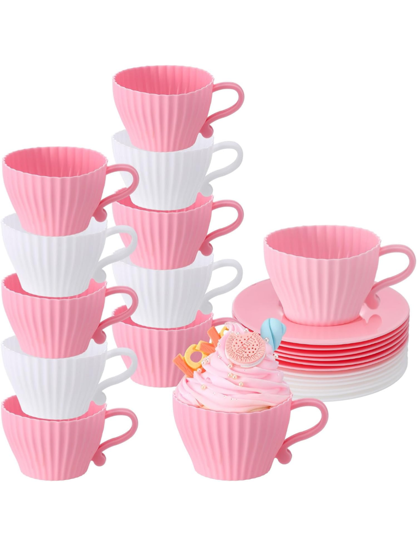 Vesici 24 Pcs Silicone Teacup Cupcake Molds Muffin Cups for Baking, Teacup Cupcake Liners, Reusable Baking Muffin Liners for Bridal Baby Shower Birthday Tea Party, 12 Cups 12 Saucers, White and Pink