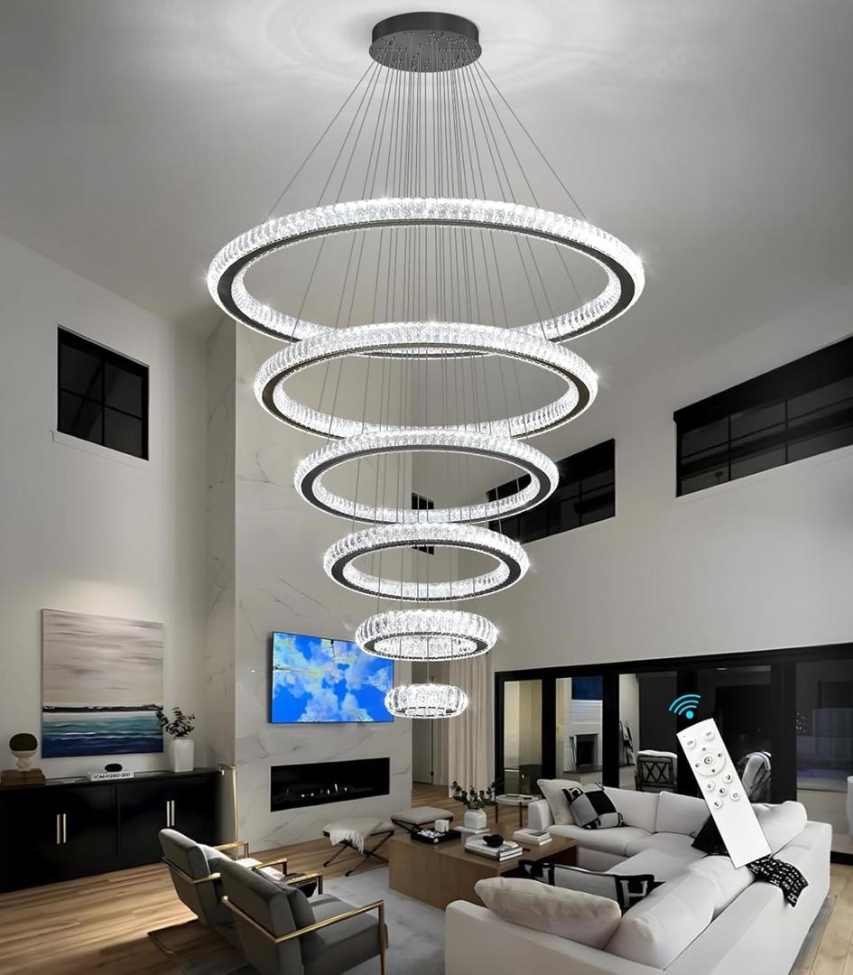 Modern Chandelier 8"+16"+24"+32"+40"+47" 6 Rings Crystal LED Dimmable Lighting Foyer Entryway High Ceiling Living Room Chanderliers Pendant Lights Fixtures Silver Light