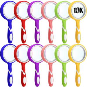 Xuhal 10X Magnifying Glass Handheld Shatterproof Reading Magnifier for Seniors and Kids, 50mm Colored Magnifying Lens with Non Slip Rubber for Observation Exploration Science (Bright Color,12 Pcs)