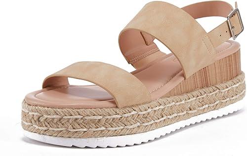 LAICIGO Women’s Open Toe Wedge Platform Espadrilles Ankle Strap Buckle Faux Leather Cork Rubber Summer Sandals, (Size 7-Khaki)