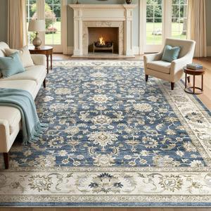 WITSHOCK 10x12 Area Rugs for Living Room: Machine Washable Non Slip Vintage Carpet - Low Pile Lightweight Print Rug for Bedroom Dining Room - Stain Resistant for Household - Pet Owners (Blue)