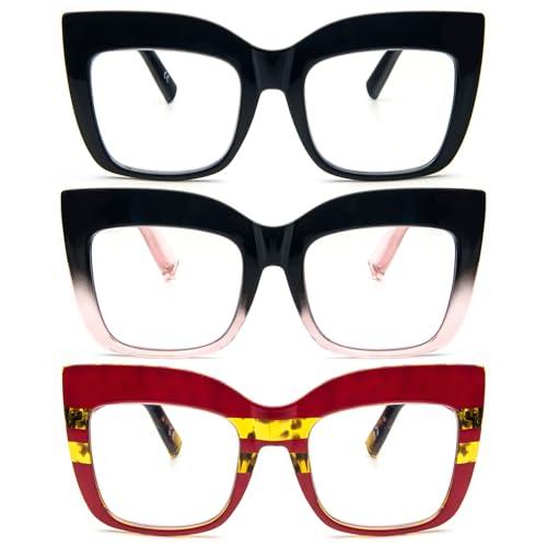 REAVEE 3 Pack Oversized Reading Glasses for Women Thick Large Frame Blue Light Blocking Stylish Computer Readers Spring Hinge,Black Pink Red 3.0