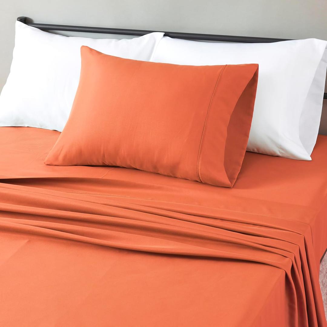 Amazon Basics Lightweight Super Soft Easy Care Wrinkle Free Microfiber 3-Piece Bed Sheet Set with 14-Inch Deep Pockets, Twin, Brick, Solid