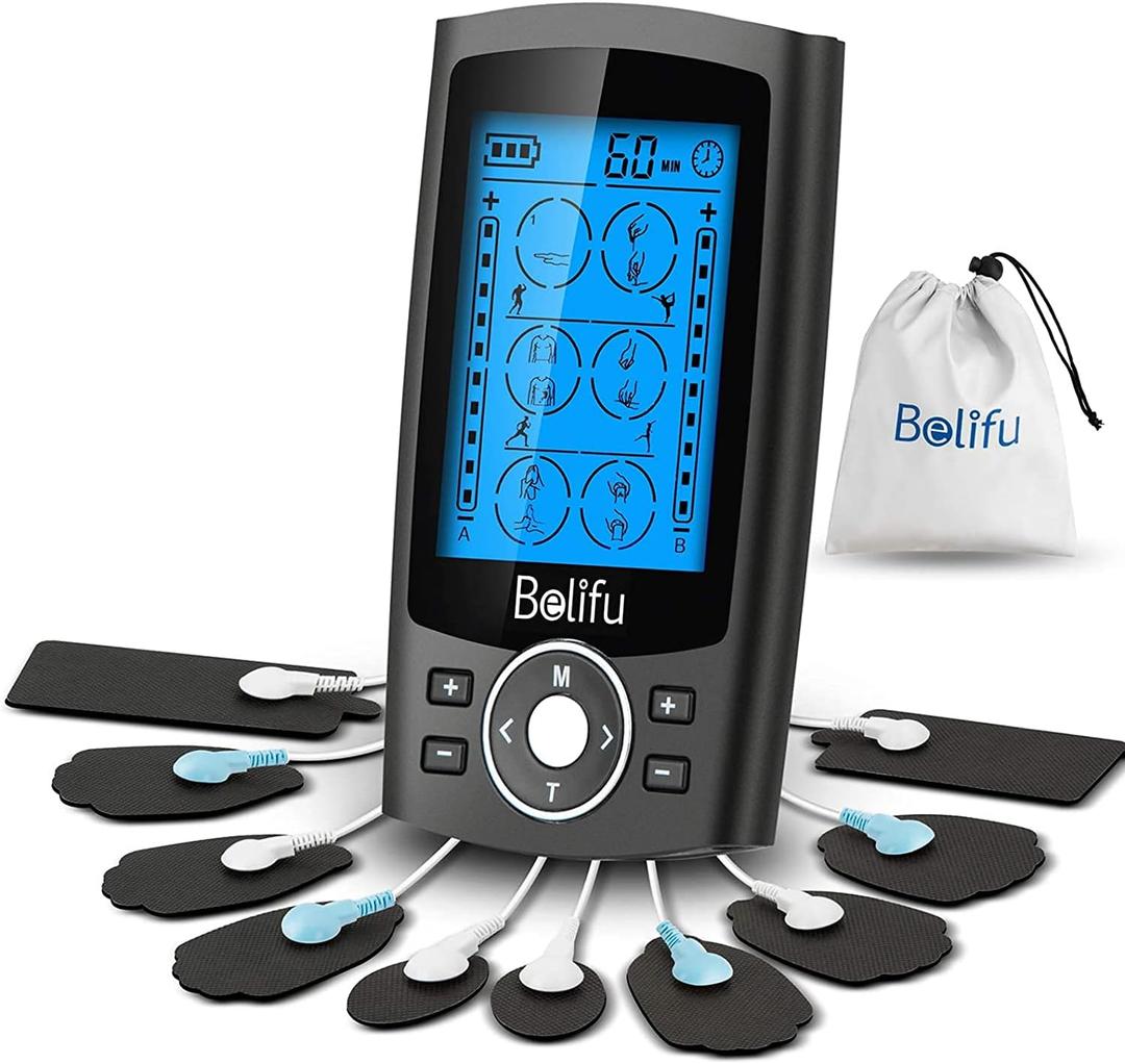 Belifu Dual Channel TENS EMS Unit 24 Modes Muscle Stimulator for Pain Relief Therapy, Electronic Pulse Massager Muscle Massager with 10 Pads, Dust-Proof Drawstring Storage Bag, Fastening Cable Ties (Black)