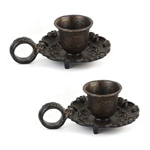 NIKKY HOME Taper Candle Holders with Handle, Set of 2 Rustic Metal Candlestick for Table Centerpieces, Wedding Decor and Dinner Party, Brown
