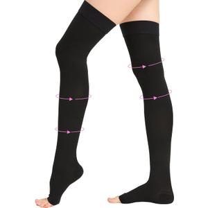20-30 mmHg Thigh High Compression Stockings for Women, Open Toe with Stay-Up Dot-Top - Relief for Varicose Veins, DVT, Swelling, Pregnancy & Travel, Black, Large