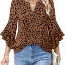 Bebonnie Womens Tops Dressy Casual Ruffle 3/4 Sleeve Henley V Neck Chiffon Blouses with Buttons (Brown, XL)