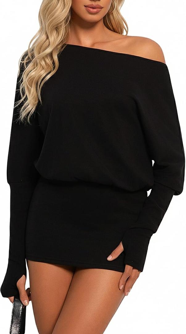 Women Off Shoulder Batwing Long Sleeve Bodycon Mini Dress Y2k Party Going Out Dresses (Black, L)