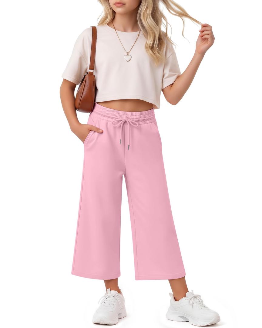 Halfchet Girls Capri Pants Wide Leg Sweatpants Baggy Cropped Pants Loose Fit Casual Basic Capris with Pockets for Ages 5-14(11-12 Years,Pink)